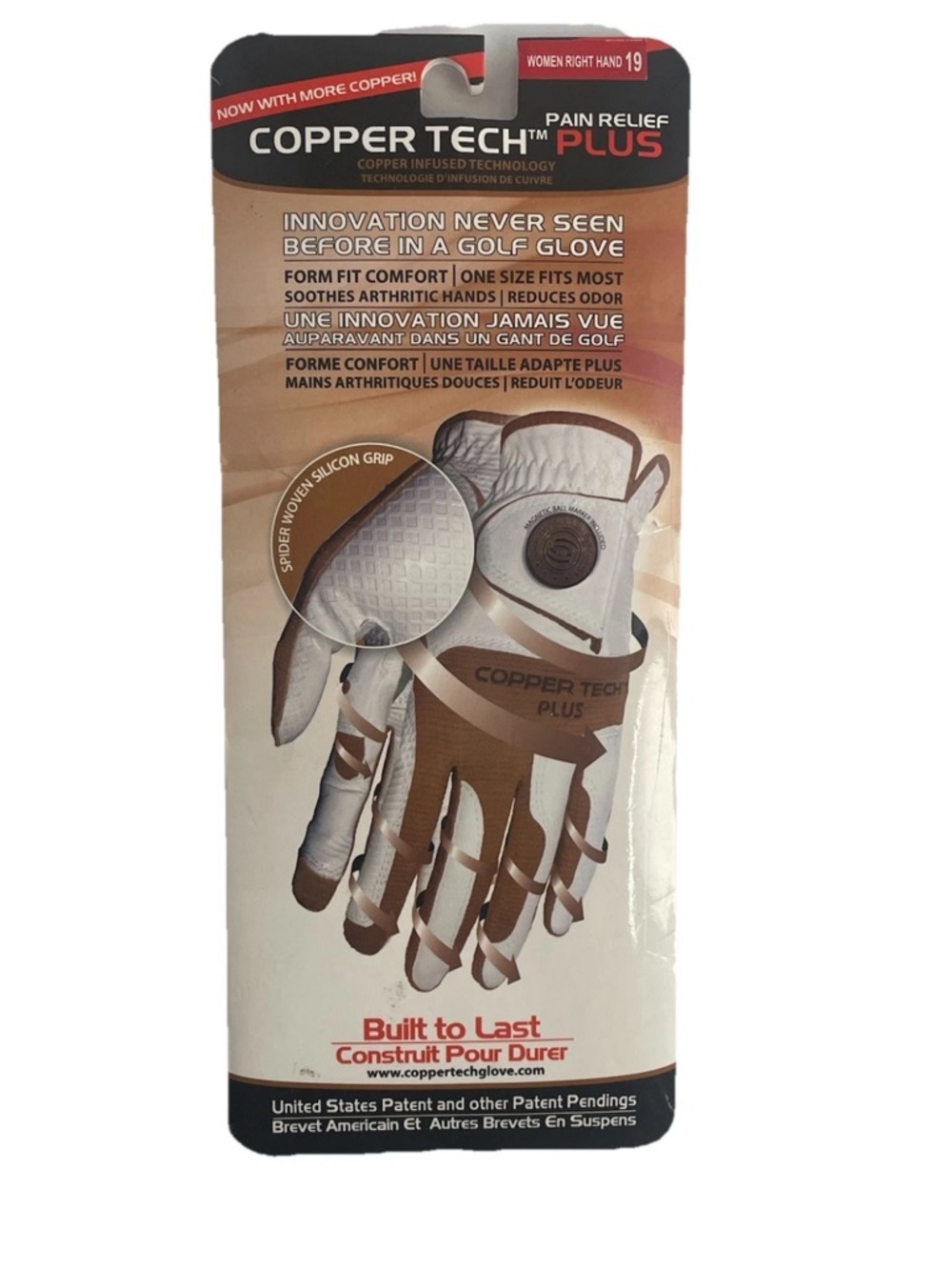 Copper Tech Plus Pain Relief Golf Glove Compression Women Right Hand 19 XS White